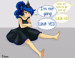 Size: 3300x2550 | Tagged: safe, artist:kprovido, character:princess luna, species:human, barefoot, black dress, blushing, clothing, dialogue, dress, feet, female, grumpy, humanized, implied princess celestia, luna is not amused, no, offscreen character, pouting, sitting, soles, solo, speech bubble, unamused, yes