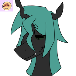 Size: 844x844 | Tagged: safe, artist:moonaknight13, oc, oc only, species:changeling, changeling oc, emoji, emoji challenge, eyes closed, fangs, moona-knight-13, original character do not steal, smiling, solo, sweat, sweatdrop