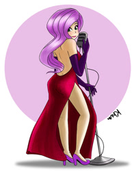 Size: 638x825 | Tagged: safe, artist:kprovido, character:fluttershy, species:human, clothing, crossover, dress, female, high heels, humanized, jessica rabbit, jessica rabbit dress, lipstick, makeup, sexy, side slit, solo, who framed roger rabbit