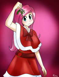Size: 1063x1375 | Tagged: safe, artist:kprovido, character:fluttershy, species:human, clothing, dress, female, humanized, looking at you, mistletoe, solo