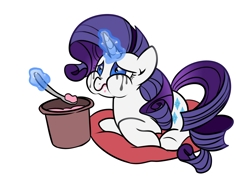 Size: 1400x1000 | Tagged: safe, artist:haden-2375, character:rarity, :t, bucket, comfort eating, crying, eating, female, food, frown, ice cream, levitation, magic, makeup, marshmelodrama, nose wrinkle, pillow, prone, puffy cheeks, running makeup, sad, simple background, solo, spoon, telekinesis, underhoof, white background
