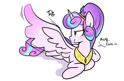 Size: 1220x800 | Tagged: safe, artist:haden-2375, character:princess flurry heart, blushing, come on, dialogue, female, lidded eyes, older, prone, simple background, solo, spread wings, unamused, white background, wings