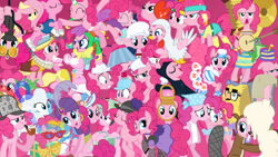 Size: 1920x1080 | Tagged: safe, artist:eagle1division, character:fluttershy, character:gummy, character:pinkie pie, species:earth pony, species:pony, animal costume, apron, balloon, beaver, bowler hat, bubble pipe, catsuit, chancellor puddinghead, cherry sorter outfit, chicken pie, chicken suit, clothing, collage, costume, deerstalker, diaper, dress, female, flour, gala dress, goggles, hard hat, hat, jester, jester pie, lampshade, madame pinkie, mare, multeity, night vision goggles, not fluttershy, partycorn, piggie pie, pipe, saloon dress, saloon pinkie, skates, solo, too much pink energy is dangerous, turban, wallpaper, workout outfit