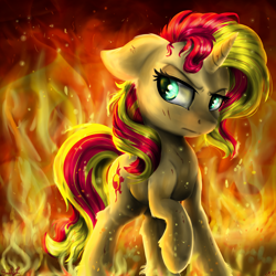 Size: 3024x3024 | Tagged: safe, artist:gaelledragons, character:sunset shimmer, species:pony, badass, blood, cut, epic, female, fiery shimmer, fire, raised hoof, solo