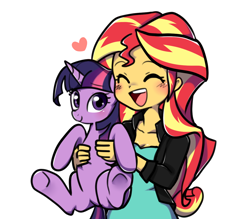 Size: 1200x1050 | Tagged: safe, artist:haden-2375, character:sunset shimmer, character:twilight sparkle, character:twilight sparkle (alicorn), species:alicorn, species:pony, ship:sunsetsparkle, my little pony:equestria girls, clothing, cute, eyes closed, female, heart, holding a pony, jacket, leather jacket, lesbian, open mouth, shimmerbetes, shipping, simple background, twiabetes, white background