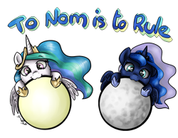 Size: 3024x2345 | Tagged: safe, artist:gaelledragons, character:princess celestia, character:princess luna, species:pony, :3, chibi, cute, cutelestia, edible heavenly object, high res, lunabetes, moon, nom, simple background, sun, tangible heavenly object, transparent background
