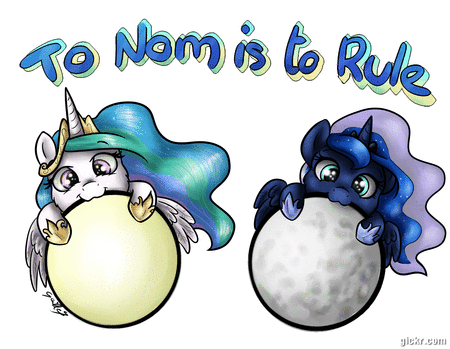 Size: 450x349 | Tagged: safe, artist:gaelledragons, character:princess celestia, character:princess luna, species:pony, animated, crown, cute, cutelestia, duo, duo female, edible heavenly object, female, full moon, gif, jewelry, lunabetes, moon, nom, regalia, royal sisters, simple background, sisters, sun, tangible heavenly object, white background