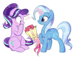 Size: 1400x1100 | Tagged: safe, artist:haden-2375, character:starlight glimmer, character:trixie, species:pony, species:unicorn, ship:startrix, blushing, bouquet, cute, cutie mark, diatrixes, female, flower, glimmerbetes, glowing horn, heart, lesbian, levitation, love, magic, mare, open mouth, outline, raised hoof, shipping, simple background, sitting, smiling, standing, teeth, telekinesis, transparent background, watermark