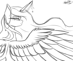 Size: 2400x2000 | Tagged: safe, artist:minelvi, character:princess luna, species:pony, .psd available, female, horn jewelry, jewelry, monochrome, open collaboration, simple background, solo, spread wings, transparent background, wings