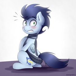 Size: 2000x2000 | Tagged: safe, artist:spirit-dude, character:soarin', species:pegasus, species:pony, backless, blushing, caught, cheek fluff, clothing, crossdressing, cute, ear fluff, gritted teeth, looking back, male, open-back sweater, plot, sitting, sleeveless sweater, soarinbetes, solo, stallion, stupid sexy soarin', sweater, virgin killer sweater, wide eyes