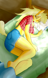 Size: 4000x6500 | Tagged: safe, artist:huckser, edit, character:applejack, species:anthro, species:earth pony, species:pony, absurd resolution, alternate hairstyle, bed, blanket, clothing, daisy dukes, female, loose hair, mare, midriff, on side, shorts, sleeping, solo