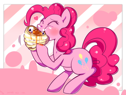 Size: 1390x1050 | Tagged: safe, artist:haden-2375, character:pinkie pie, blueberry, eating, eyes closed, female, food, heart, maple syrup, nom, pancakes, solo, whipped cream