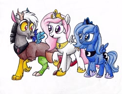 Size: 2165x1660 | Tagged: safe, artist:celestial-rainstorm, character:discord, character:princess celestia, character:princess luna, species:alicorn, species:draconequus, species:pony, cewestia, collar, crown, cute, discute, filly, jewelry, necklace, pink-mane celestia, regalia, simple background, tiara, traditional art, woona, young discord, younger