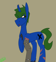 Size: 1080x1195 | Tagged: safe, artist:moonaknight13, oc, oc only, amputee, bags under eyes, frown, hoof on chest, looking away, metal arm, prosthetic leg, prosthetic limb, prosthetics, scar, solo