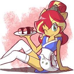Size: 900x900 | Tagged: safe, artist:rvceric, character:sunset shimmer, my little pony:equestria girls, alternate hairstyle, apron, breasts, clothing, cute, delicious flat chest, doll, equestria girls minis, eyes closed, female, food, happi, legs, looking at you, one eye closed, ponied up, serving tray, shimmerbetes, sitting, smiling, socks, solo, sunset sushi, sushi, thigh highs, thighs, toy, toy interpretation, wink