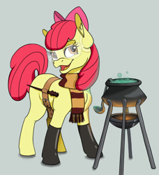 Size: 1050x1150 | Tagged: safe, artist:taneysha, character:apple bloom, cauldron, clothing, crossover, female, gryffindor, harry potter, latex socks, potion making, safety goggles, scarf, socks, solo, wand