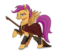 Size: 800x700 | Tagged: safe, artist:taneysha, character:scootaloo, species:pegasus, species:pony, broom, cape, clothing, crossover, female, gryffindor, harry potter, quidditch, simple background, solo, white background