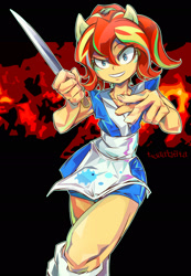 Size: 1600x2314 | Tagged: safe, artist:tyuubatu, character:sunset shimmer, my little pony:equestria girls, apron, clothing, doll, equestria girls minis, female, food, hairpin, happi, knife, looking at you, ponied up, smiling, socks, solo, standing, sunset sushi, this will end in sushi, toy interpretation