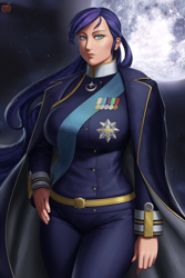 Size: 1280x1920 | Tagged: safe, artist:lvl, character:princess luna, species:human, blue hair, breasts, bust, busty princess luna, cape, clothing, commission, female, full moon, humanized, long hair, looking at you, medal, military uniform, moon, night, outdoors, portrait, sash, solo, stars, uniform