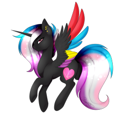 Size: 2165x2000 | Tagged: safe, artist:minelvi, oc, oc only, oc:flaming rainbow, species:alicorn, species:pony, alicorn oc, colored wings, ear piercing, female, high res, mare, multicolored wings, piercing, simple background, solo, transparent background