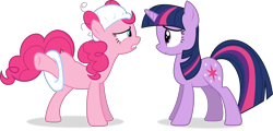 Size: 12789x6120 | Tagged: safe, artist:eagle1division, character:pinkie pie, character:twilight sparkle, character:twilight sparkle (unicorn), species:earth pony, species:pony, species:unicorn, episode:baby cakes, g4, my little pony: friendship is magic, absurd resolution, concerned, diaper, diaper on head, female, hoofy-kicks, kicking, mare, messy mane, raised leg, simple background, transparent background, vector, wardrobe misuse