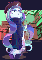 Size: 1600x2285 | Tagged: safe, artist:tyuubatu, character:rarity, species:pony, species:unicorn, episode:sweet and elite, g4, my little pony: friendship is magic, alternate hairstyle, beatnik rarity, beret, clothing, eyeshadow, female, hat, lidded eyes, makeup, shoes, smiling, solo, sweater