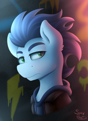Size: 1600x2200 | Tagged: safe, artist:spirit-dude, character:soarin', species:pegasus, species:pony, g4, aside glance, bust, clothing, colored eyebrows, ear fluff, eyebrows, frown, hoodie, looking sideways, male, signature, solo, stallion