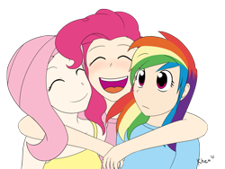 Size: 1100x825 | Tagged: safe, artist:kprovido, character:fluttershy, character:pinkie pie, character:rainbow dash, species:human, female, hug, humanized, simple background, transparent background