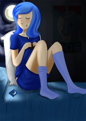 Size: 825x1155 | Tagged: safe, artist:kprovido, character:princess luna, species:human, bed, clothing, eyes closed, female, hope poster, humanized, moon, moon pies, night, s1 luna, sitting, socks, solo