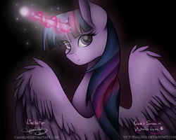 Size: 1000x800 | Tagged: safe, artist:minelvi, artist:victoria-luna, character:twilight sparkle, character:twilight sparkle (alicorn), species:alicorn, species:pony, collaboration, female, glowing horn, solo, spread wings, wings