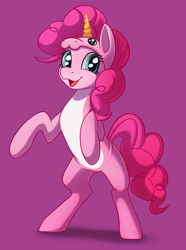 Size: 1485x2000 | Tagged: safe, artist:taneysha, character:pinkie pie, species:pony, species:unicorn, clothing, costume, cute, diapinkes, female, get, index get, pale belly, pink background, rearing, simple background, smiling, solo, x00000 milestone