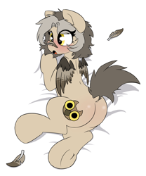 Size: 2000x2400 | Tagged: safe, artist:rileyisherehide, oc, oc only, oc:owl eyes, species:pegasus, species:pony, bed, blushing, body pillow, body pillow design, butt, feather, molting, plot