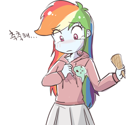 Size: 1024x1000 | Tagged: safe, artist:haden-2375, character:rainbow dash, my little pony:equestria girls, clothing, crying, cute, dropped ice cream, female, food, hoodie, ice cream, ice cream cone, korean, moe, sad, simple background, skirt, solo, sweater, translated in the comments, white background