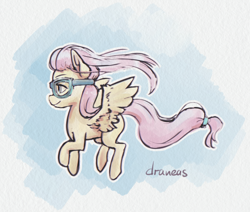 Size: 1296x1101 | Tagged: safe, artist:draneas, character:fluttershy, female, flying, goggles, profile, solo, spread wings, wings