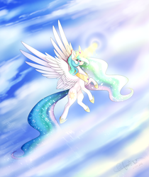 Size: 2100x2500 | Tagged: safe, artist:minelvi, character:princess celestia, species:alicorn, species:pony, female, flying, high res, magic, solo