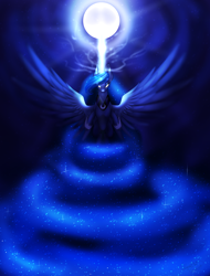 Size: 1900x2500 | Tagged: safe, artist:minelvi, character:princess luna, species:pony, female, glowing eyes, magic, moon, night, solo, spread wings, wings