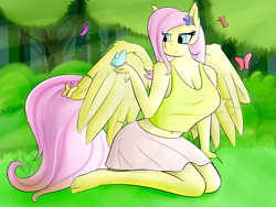 Size: 4000x3000 | Tagged: safe, artist:huckser, character:fluttershy, species:anthro, species:pegasus, species:plantigrade anthro, species:pony, breasts, butterfly, cleavage, clothing, cute, female, kneeling, midriff, skirt, solo