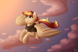 Size: 3000x2000 | Tagged: safe, artist:spirit-dude, oc, oc only, oc:hera, species:alicorn, species:pony, alicorn oc, clothing, cloud, commission, female, flying, looking at something, mare, sky, solo, ych result