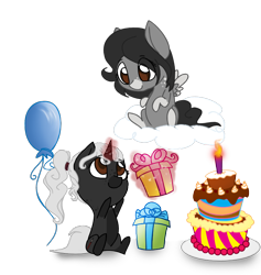 Size: 760x803 | Tagged: safe, artist:stuflox, oc, oc only, oc:ghost quill, oc:silhouette, species:pegasus, species:pony, species:unicorn, balloon, birthday, cake, candle, chibi, cloud, female, filly, food, magic, mare, present, simple background, transparent background