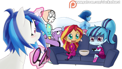 Size: 1280x720 | Tagged: safe, artist:slackerburst, character:dj pon-3, character:sonata dusk, character:sunset shimmer, character:vinyl scratch, my little pony:equestria girls, amethyst (steven universe), couch, crossover, crying, lapis lazuli (steven universe), pearl (steven universe), simple background, steven universe, transparent background