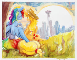Size: 2620x2048 | Tagged: safe, artist:ruby, character:applejack, character:rainbow dash, species:pony, ship:appledash, female, hug, lesbian, portal, seattle, shipping, sitting, space needle, traditional art, tree, watercolor painting, winghug