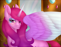 Size: 3000x2300 | Tagged: safe, artist:minelvi, artist:rubyflank, character:princess cadance, oc, species:alicorn, species:pony, alicorn oc, big wings, collaboration, colored wings, female, looking at you, mare, missing accessory, mother, multicolored wings, smiling, solo, wings