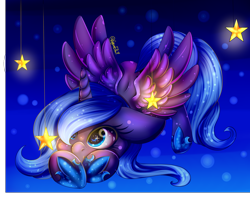 Size: 3160x2580 | Tagged: safe, artist:minelvi, artist:minteadraws, character:princess luna, species:pony, collaboration, female, filly, floppy ears, solo, spread wings, starry eyes, stars, tangible heavenly object, wingding eyes, wings, woona, younger