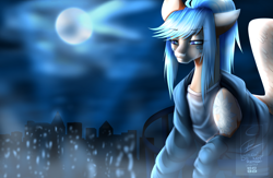 Size: 2698x1760 | Tagged: safe, artist:minelvi, oc, oc only, oc:v, species:pegasus, species:pony, city, clothing, female, mare, moon, night, solo