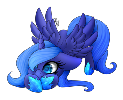 Size: 3160x2580 | Tagged: safe, artist:minelvi, artist:ponedraws, character:princess luna, species:pony, collaboration, eye reflection, face down ass up, female, floppy ears, horseshoes, reflection, s1 luna, simple background, solo, spread wings, transparent background, wings