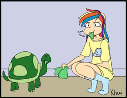 Size: 792x613 | Tagged: safe, artist:kprovido, character:rainbow dash, character:tank, species:human, clothing, eating, female, food, humanized, lettuce, shirt, socks, tortoise