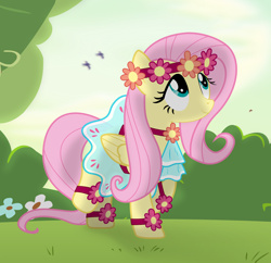 Size: 3104x3000 | Tagged: safe, artist:donnyku, artist:eagle1division, character:fluttershy, species:bird, species:pegasus, species:pony, clothing, cute, dress, female, flower, flower in hair, forest, grass, high res, mare, outdoors, raised hoof, raised leg, shyabetes, solo, transitional skies, twilight (astronomy), vector