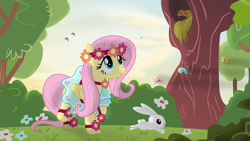 Size: 3840x2160 | Tagged: safe, artist:donnyku, artist:eagle1division, character:angel bunny, character:fluttershy, species:bird, species:pegasus, species:pony, species:rabbit, episode:rainbow falls, g4, my little pony: friendship is magic, clothing, cute, dress, female, flower, flower in hair, forest, grass, mare, outdoors, raised hoof, raised leg, shyabetes, solo, transitional skies, twilight (astronomy), vector