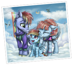 Size: 3773x3337 | Tagged: safe, artist:gaelledragons, character:bow hothoof, character:rainbow dash, character:windy whistles, species:pony, clothing, cloud, cloudsdale, cute, eyes closed, family, father and daughter, female, filly, filly rainbow dash, male, mare, mother and daughter, photo, rainbow dash's parents, rainbow waterfall, stallion, younger