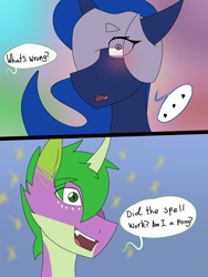 Size: 1200x1600 | Tagged: safe, artist:moonakart13, artist:moonaknight13, character:princess luna, character:spike, species:dragon, blushing, blushing profusely, comic, crack shipping, dialogue, female, freckles, male, open mouth, ponified spike, shipping, smiling, sparkles, speech bubble, speechless, spikelove, spiluna, straight, wide eyes
